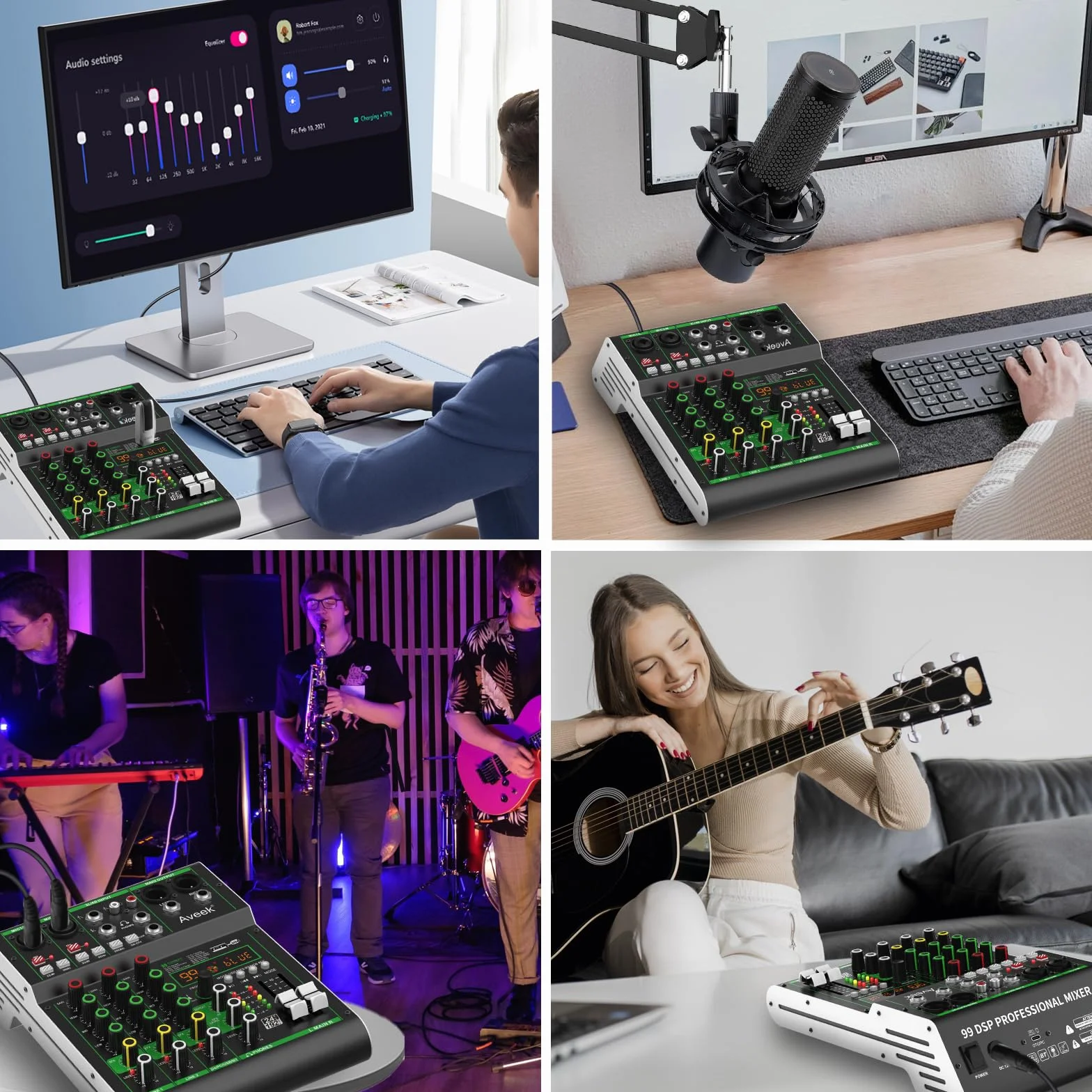 Aveek Mikser audio, profesjonalny mikser z pamięcią USB/Bluetooth/komputerem/4-kanałowym wejściem stereo mikser DJ, 48 V Phantom Digital 99 DSP do nagrywania na komputerze, karaoke, studio