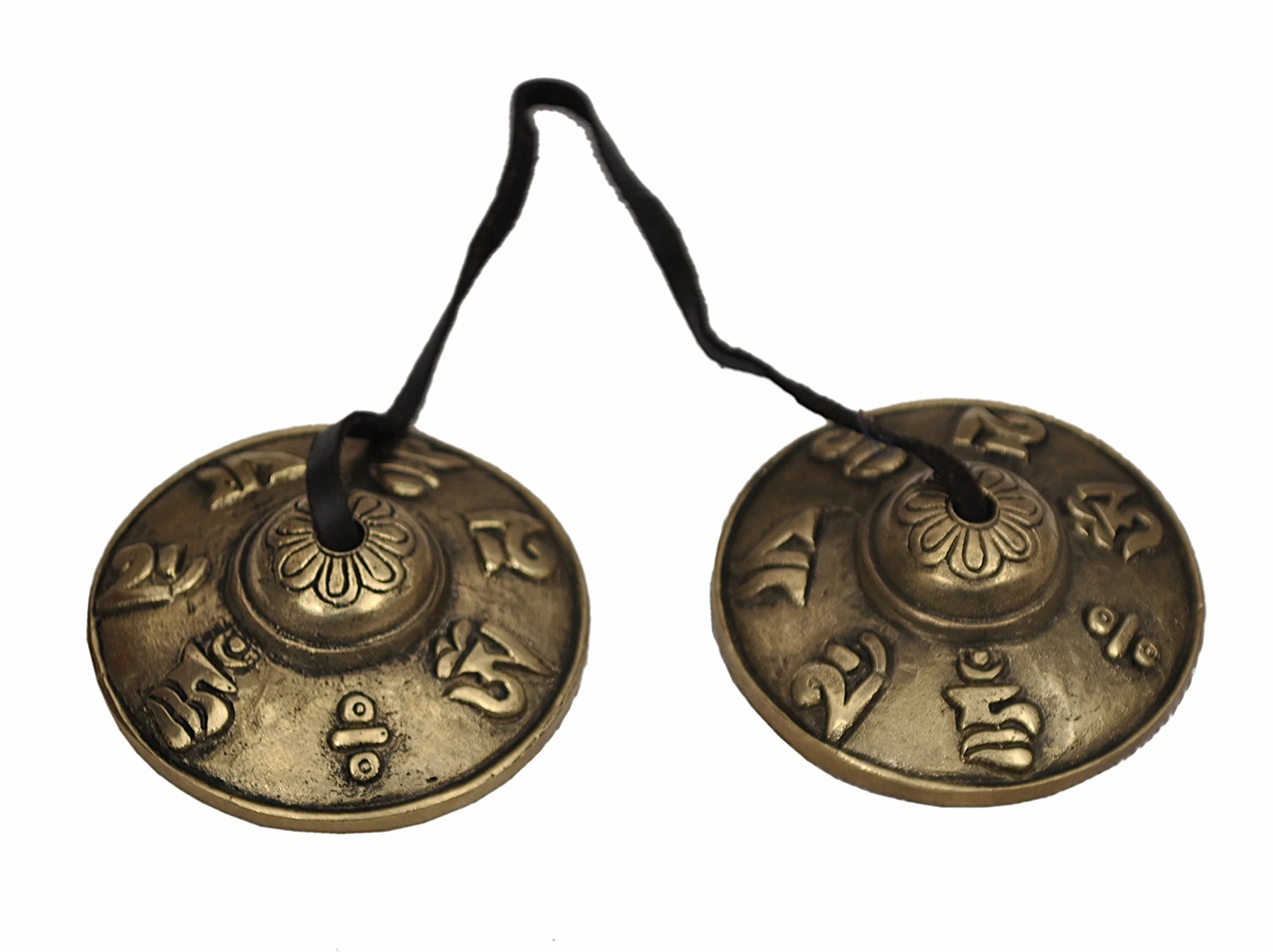 Dharma Store - Tybetańskie talerze Tingsha - 6,2 cm - OM Mane Padme Hum symbole wytłaczane