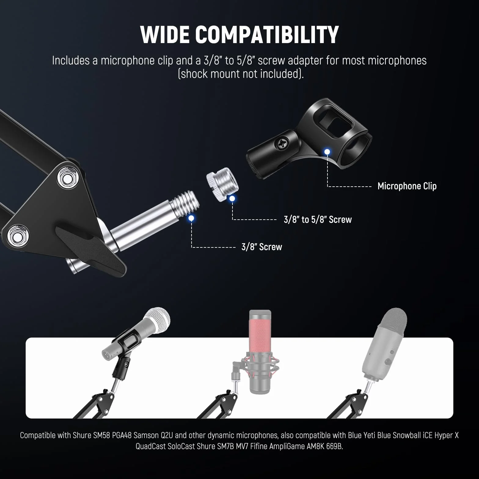 NEEWER Stojak na ramię mikrofonowe, podwieszany wysięgnik nożycowy, uchwyt na biurko z klipsem i adapter 3/8 cala na 5/20.3 cm, kompatybilny z Blue Yeti Snowball HyperX QuadCast SoloCast Shure