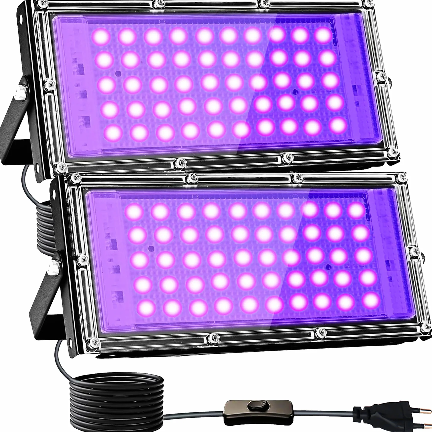 Reflektory czarne światło 50W, 2PCS lampa UV czarna z wyłącznikiem, 395-400 nm, wodoodporność IP65 reflektor UV imprezowy reflektor na bar akwarium Halloween kolory neonowe efekty fluorescencyjne