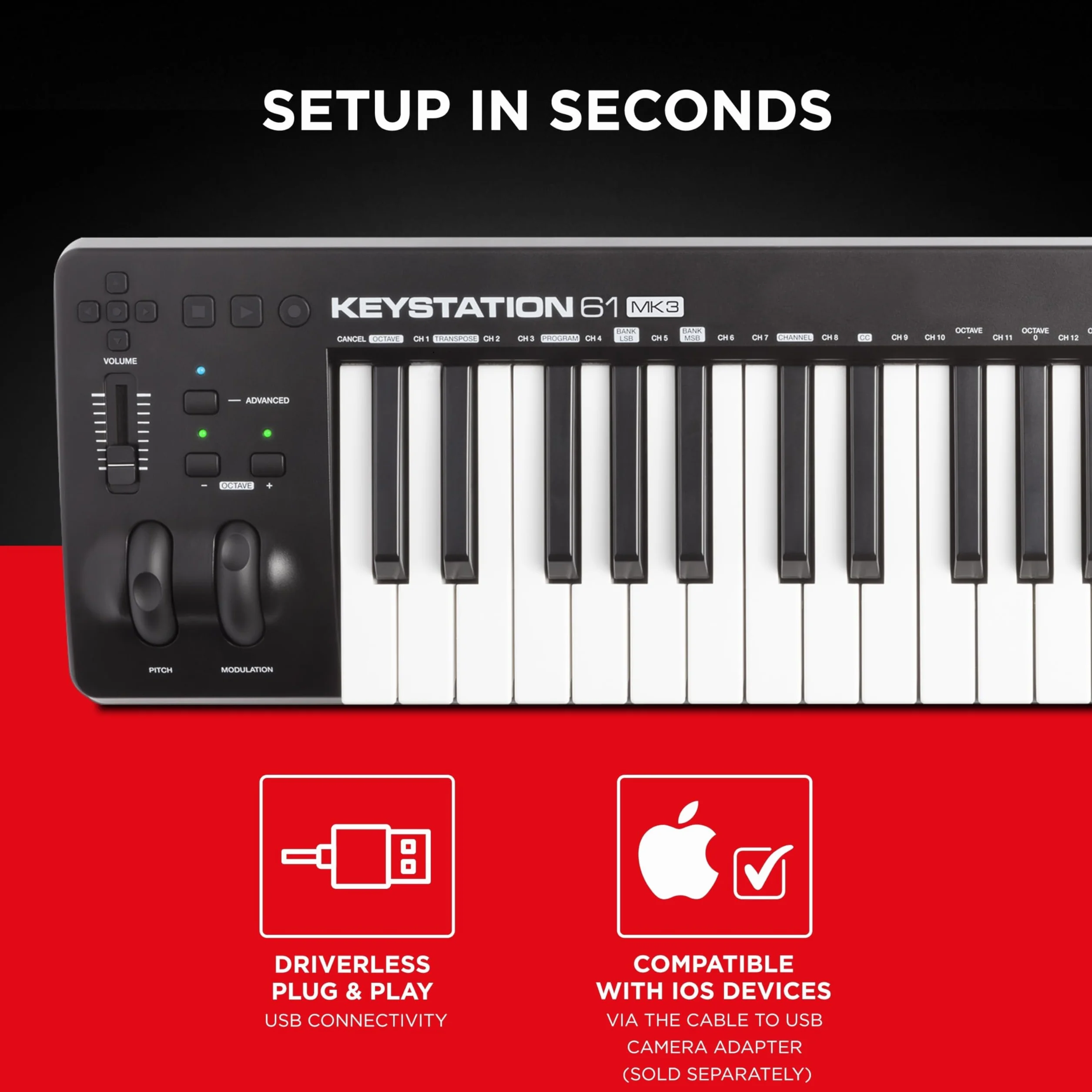 M-AUDIO Keystation 61 MK3 61-klawiszowa klawiatura sterująca MIDI USB do maca i PC-ta z darmowymi lekcjami online/w aplikacji i oprogramowaniem