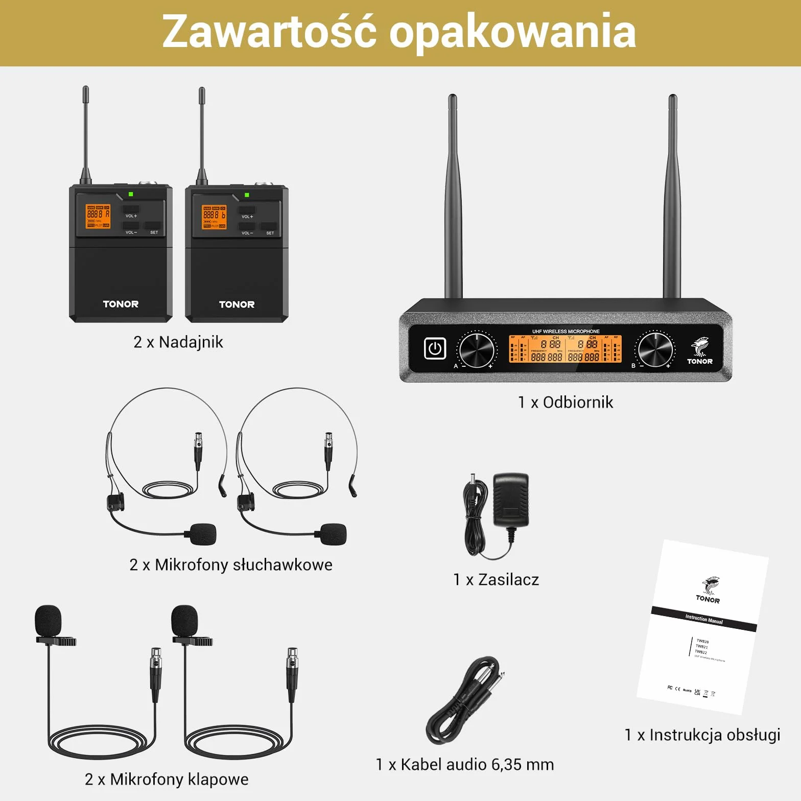 System mikrofonów bezprzewodowych TONOR UHF z mikrofonami słuchawkowymi/Lavalier Lapel Mics, nadajnik Bodypack, odbiornik, kanały 2 * 5, zakres 60M do śpiewu na żywo Karaoke Church Party