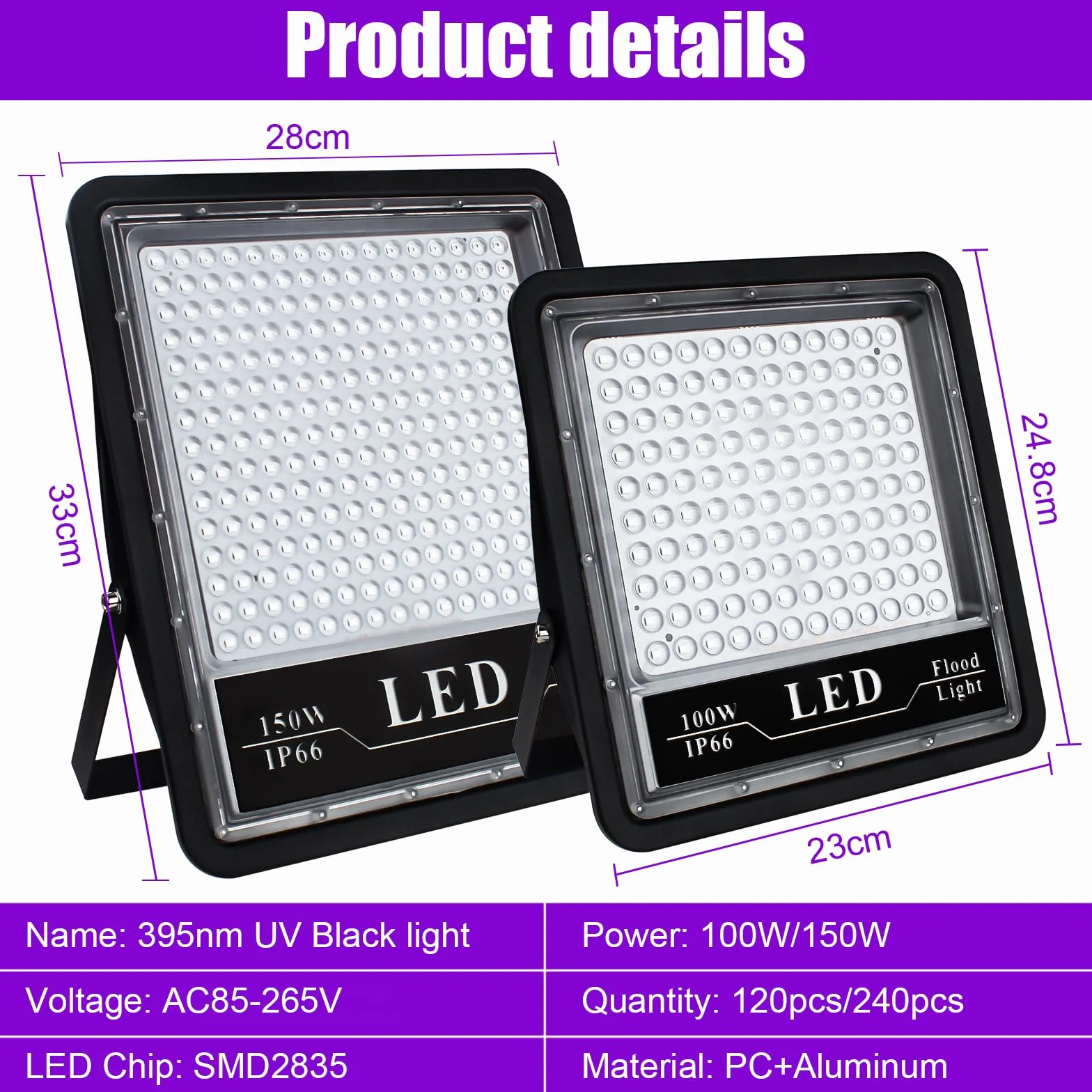 Reflektor UV 100 W, czarne światło, 395-405 NM, IP66, wodoszczelny reflektor UV z wtyczką, reflektor UV na imprezę Black Light, GLOW, malowanie fluorescencyjne, malowanie ciała, Halloween