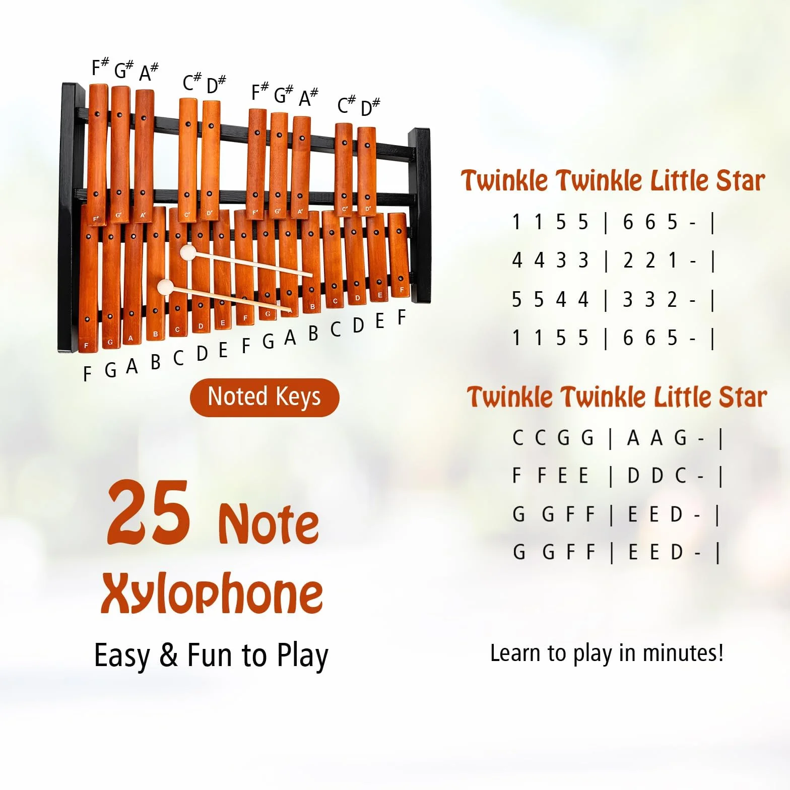 KOMFOTTEU Ksylofon 25 nut z drewna, dzwonki z 2 pałeczkami, instrument perkusyjny z torbą do noszenia, instrument muzyczny dla dzieci i dorosłych
