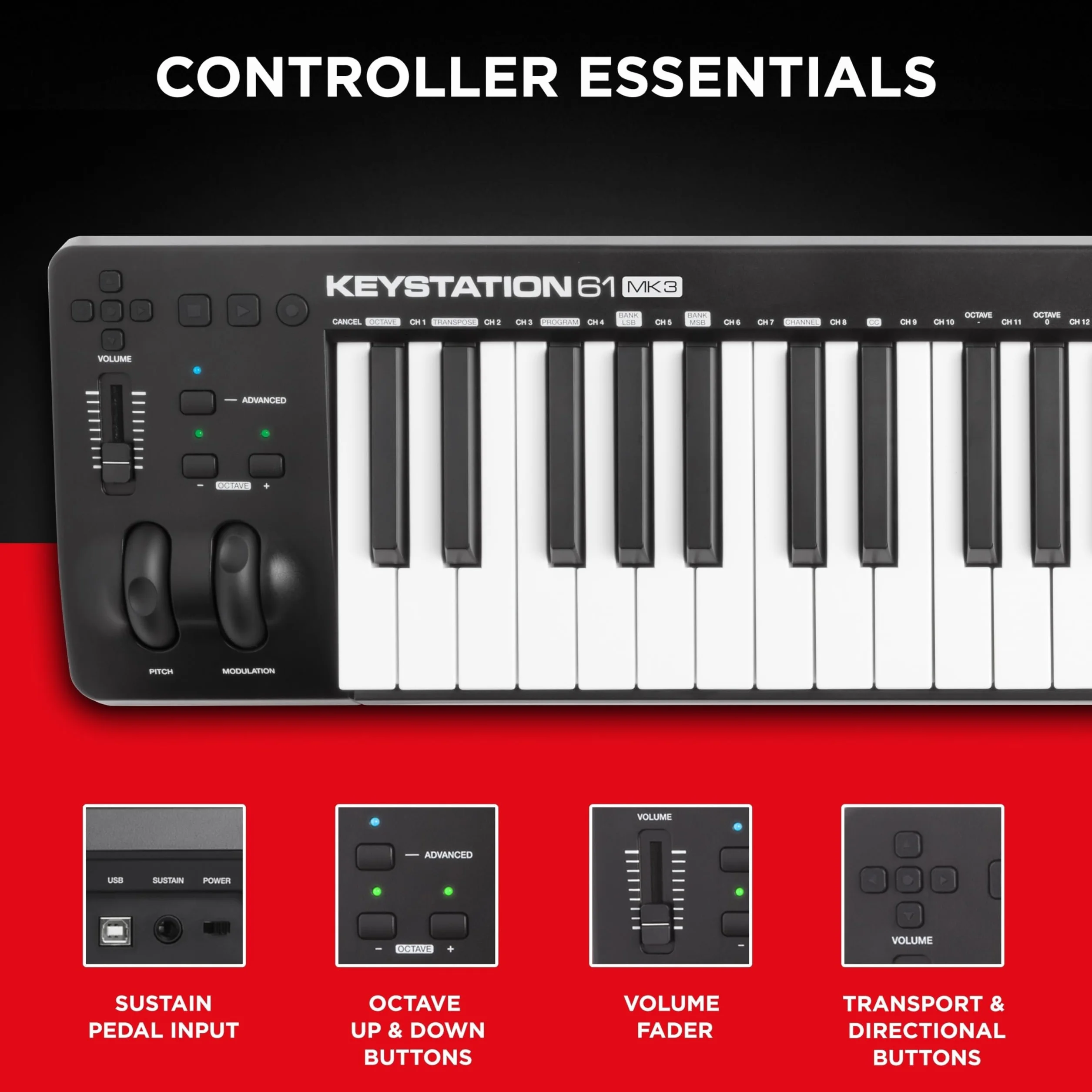 M-AUDIO Keystation 61 MK3 61-klawiszowa klawiatura sterująca MIDI USB do maca i PC-ta z darmowymi lekcjami online/w aplikacji i oprogramowaniem