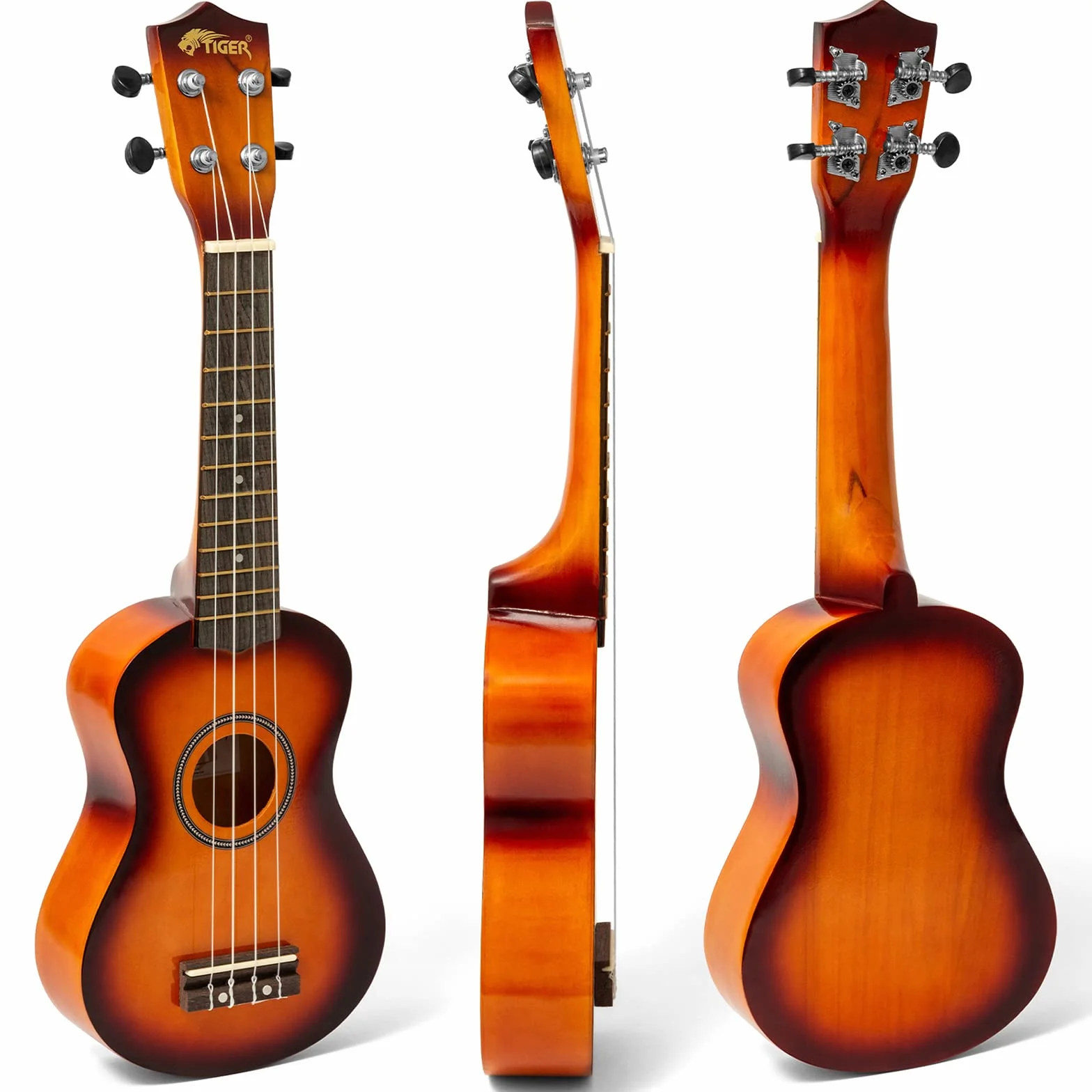 Tiger Ukulele sopranowe UKE7 dla początkujących, torba Gig Bag, struny Aquila Sunburst