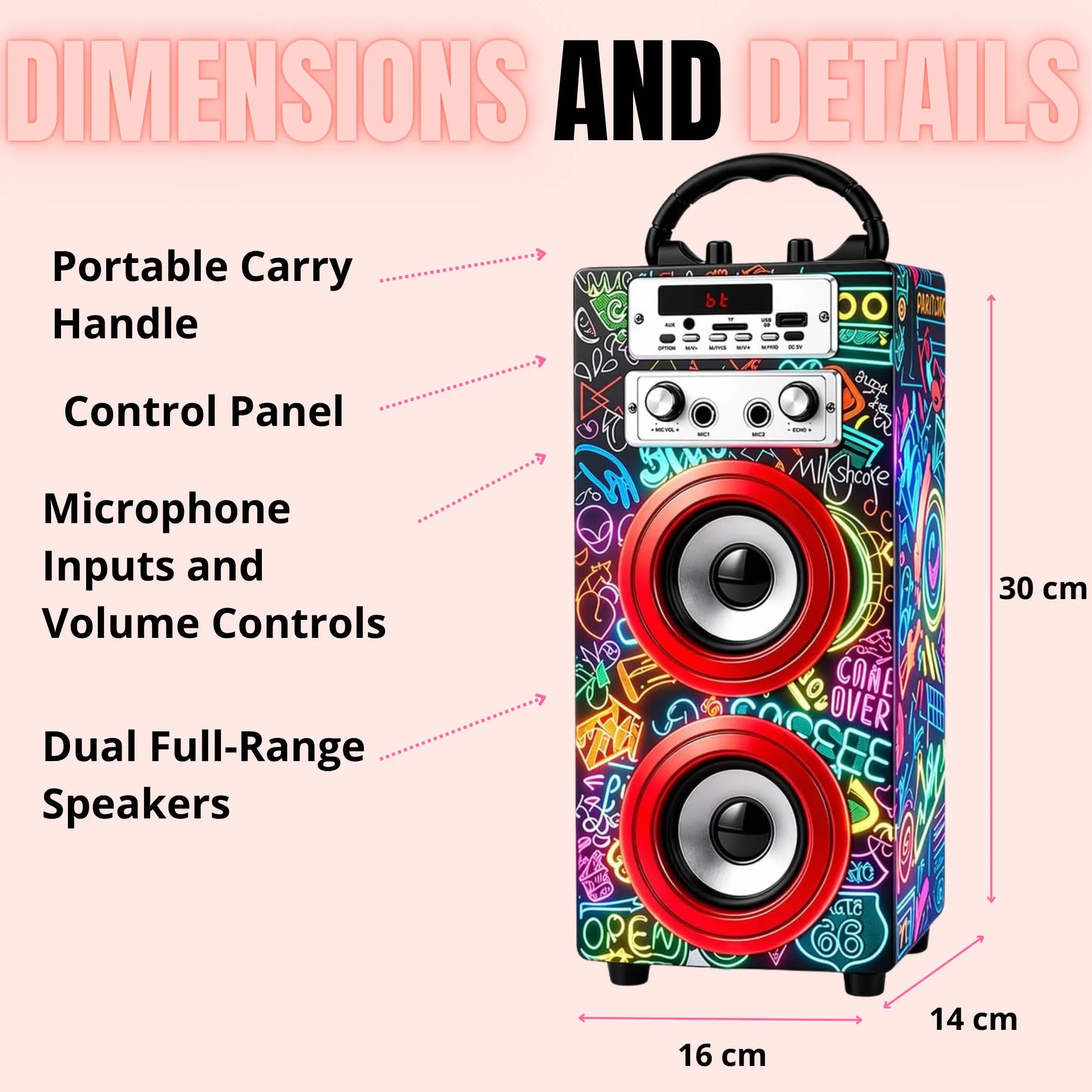 DYNASONIC Przenośna maszyna do karaoke, 2 mikrofony, głośnik Bluetooth, światła, czytnik USB i SD, prezent dla dzieci w wieku 5-13 lat (025-21 LIGHTS)