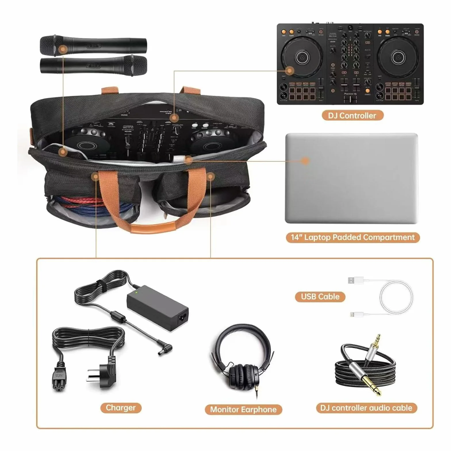 Jeffergarden Etui na kontroler DJ 22x7x11,5 cala Pasuje do DDJ FLX4 SB3 SB2 400 RB z paskiem na ramię