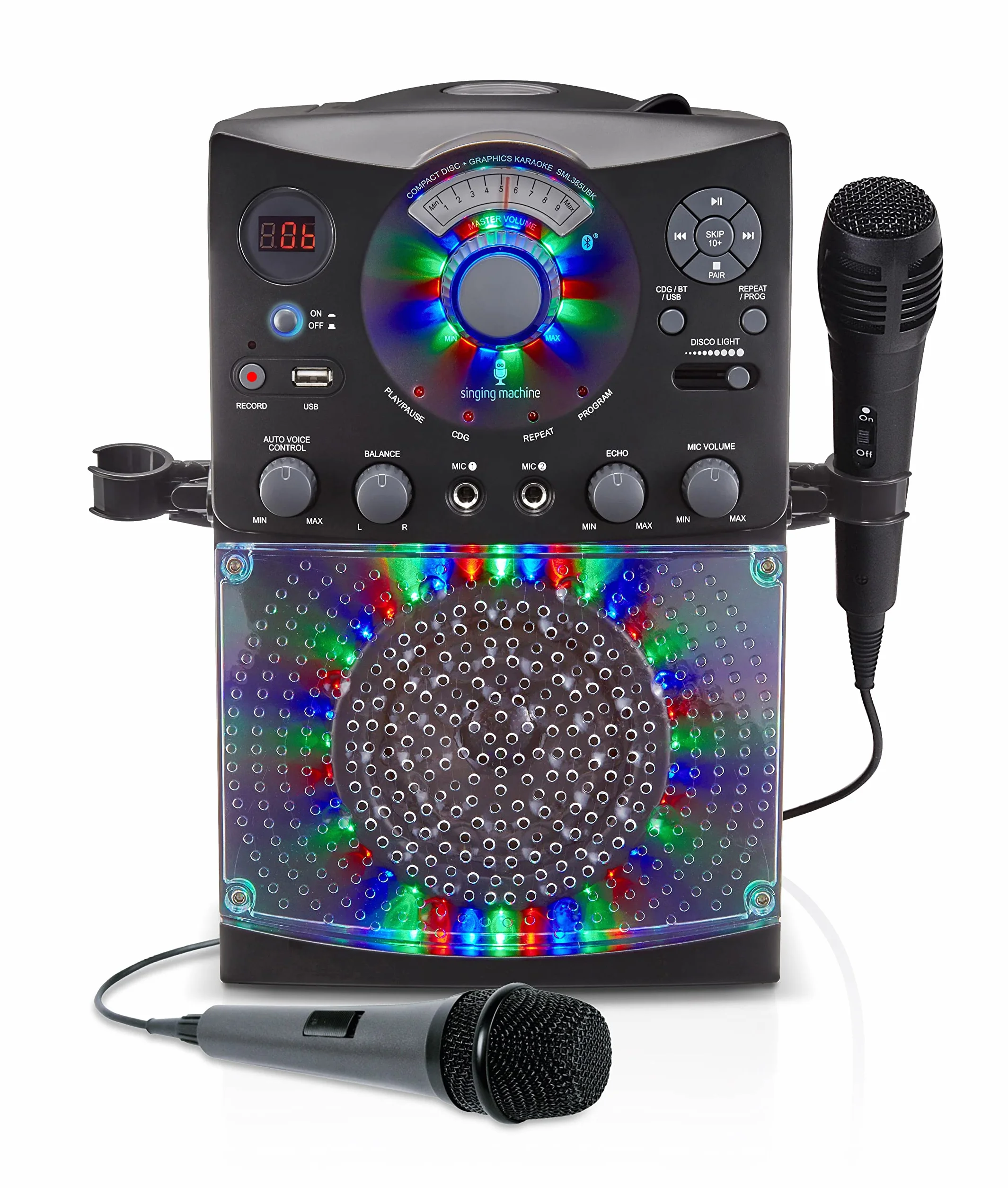 System do karaoke z połączeniem Bluetooth – Singing Machine SML385U w kolorze czarnym dla Europy – efekty świetlne LED, mikrofony, USB, wyjście RCA, sterowanie echem i balansowaniem oraz wejście AUX.
