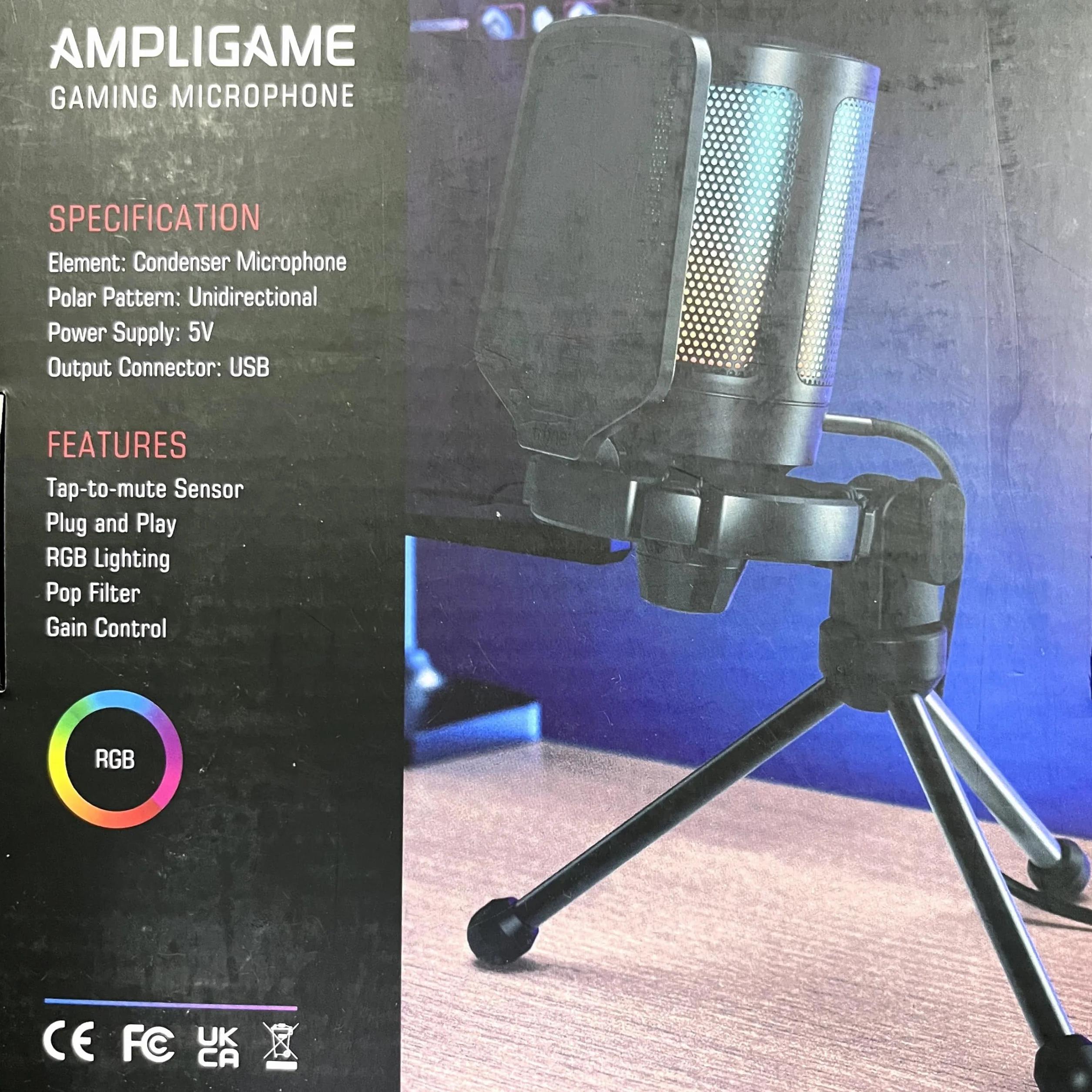 FIFINE USB Mikrofon do gier, RGB Kondensator Mikrofon do PC PS5, z przyciskiem ciszy, odporny na wstrząsy, uchwyt do statywu, filtr antyPop, do przesyłania strumieniowego Discord Twitch Podcasty wideo