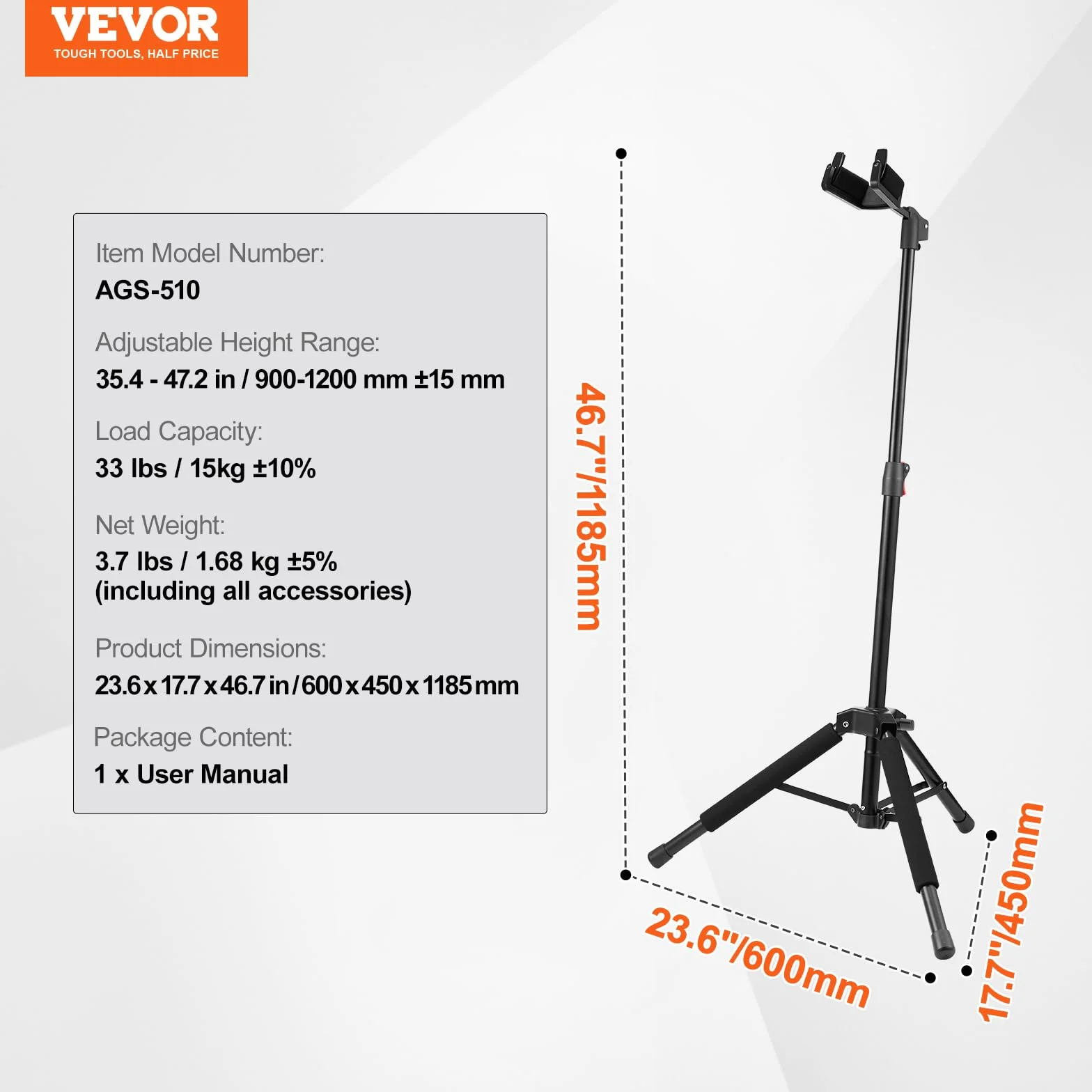 VEVOR Stojak na gitarę stojącą, nośność 33 lb/15 kg, składany uchwyt na gitarę basową z regulacją wysokości 900-1200 mm, statyw do klasycznej elektrycznej gitary akustycznej