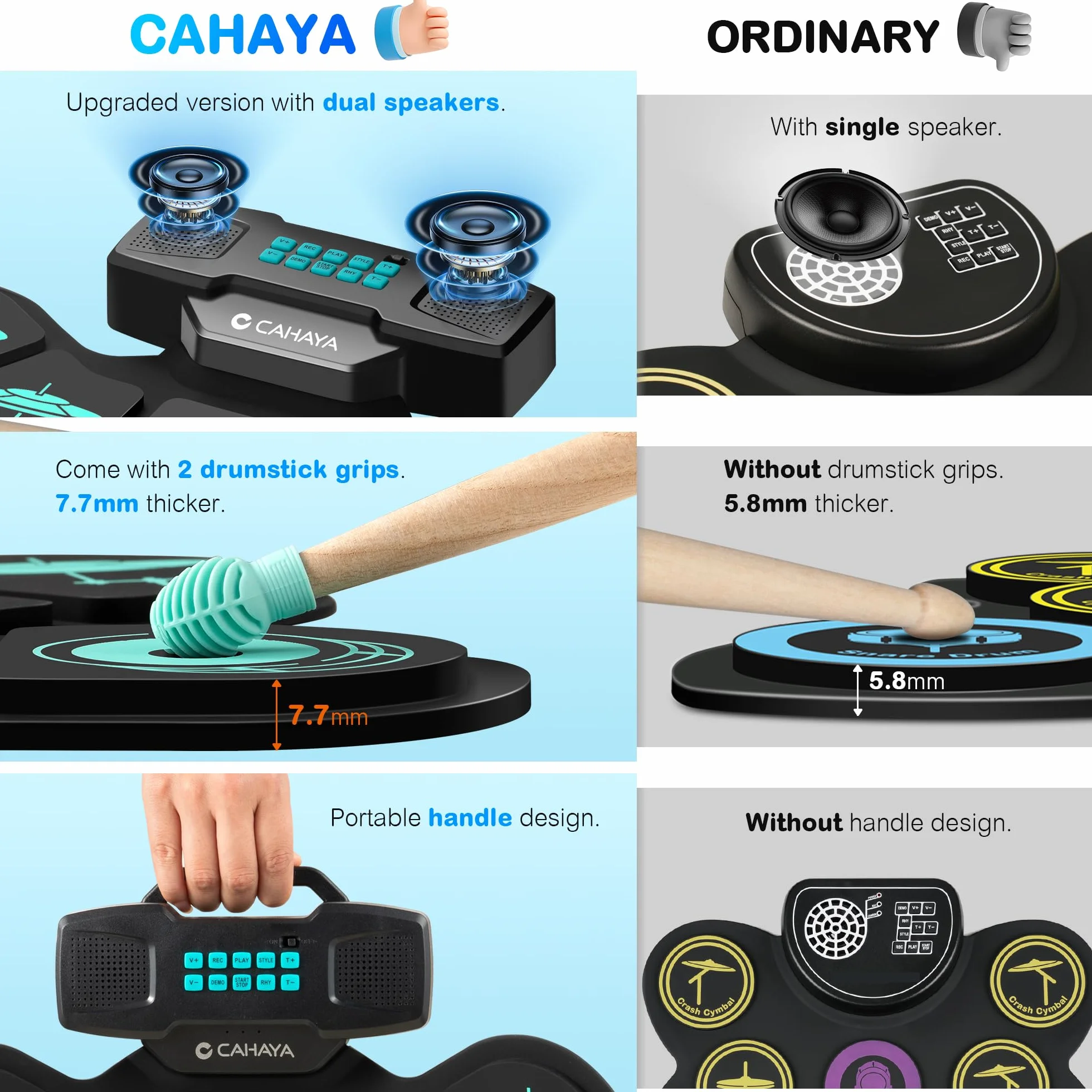 CAHAYA CY00387-1 elektroniczny zestaw perkusji dla dzieci z MIDI i uchwytem: zwijany zestaw perkusji elektronicznej dla dzieci, 2 pedały, głośniki stereo, wyjście na słuchawki, czas pracy baterii 10 h