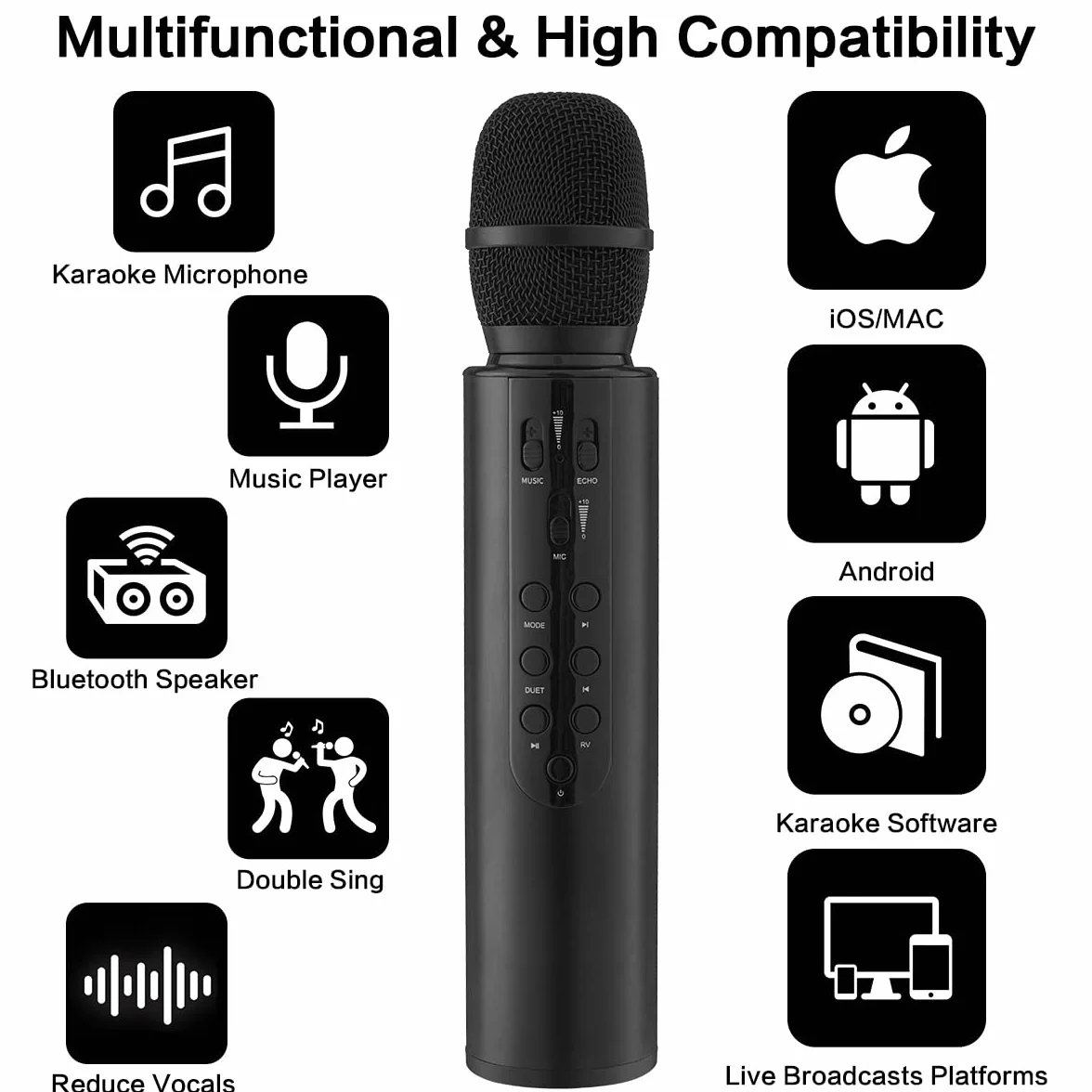 Bezprzewodowy mikrofon do karaoke, przenośny ręczny mikrofon głośnikowy Bluetooth, bezprzewodowe mikrofony, maszyna do karaoke, domowy odtwarzacz KTV, kompatybilny z urządzeniami z systemem