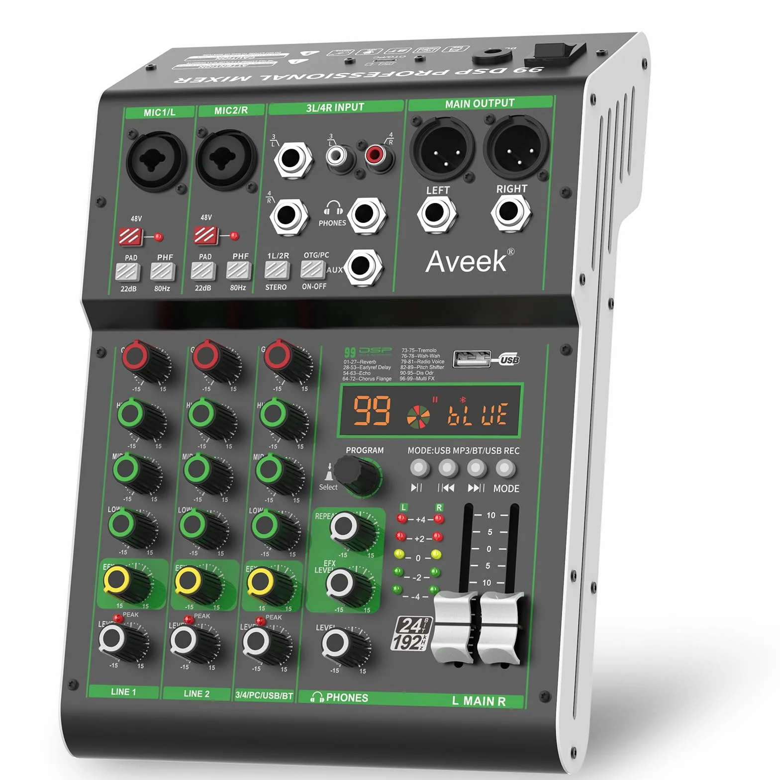 Aveek Mikser audio, profesjonalny mikser z pamięcią USB/Bluetooth/komputerem/4-kanałowym wejściem stereo mikser DJ, 48 V Phantom Digital 99 DSP do nagrywania na komputerze, karaoke, studio