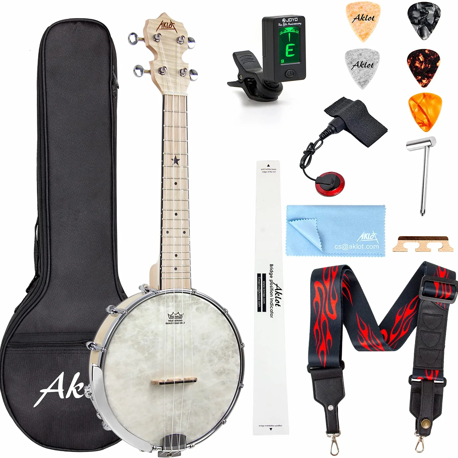 AKLOT Banjo Ukulele Koncert 58.4 cm Remo Drumhead Open Back Maple Body Gig Bag Tuner String Strap Picks