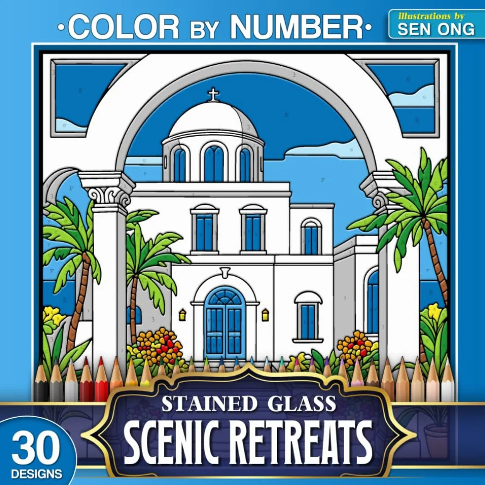 Scenic Retreats Stained Glass Color by Number: 30 Stunning Landscapes of Dreamy Vacation Spots