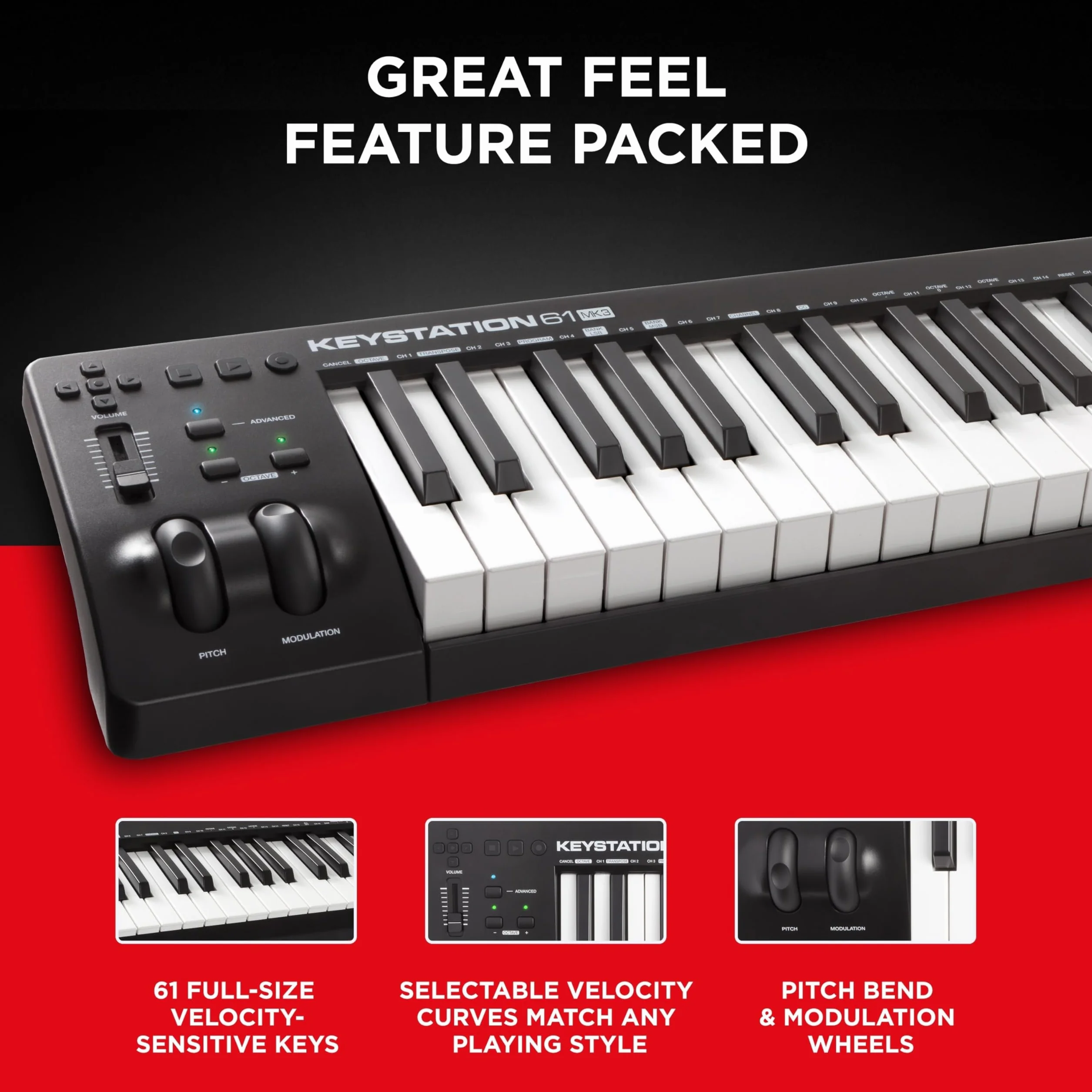 M-AUDIO Keystation 61 MK3 61-klawiszowa klawiatura sterująca MIDI USB do maca i PC-ta z darmowymi lekcjami online/w aplikacji i oprogramowaniem