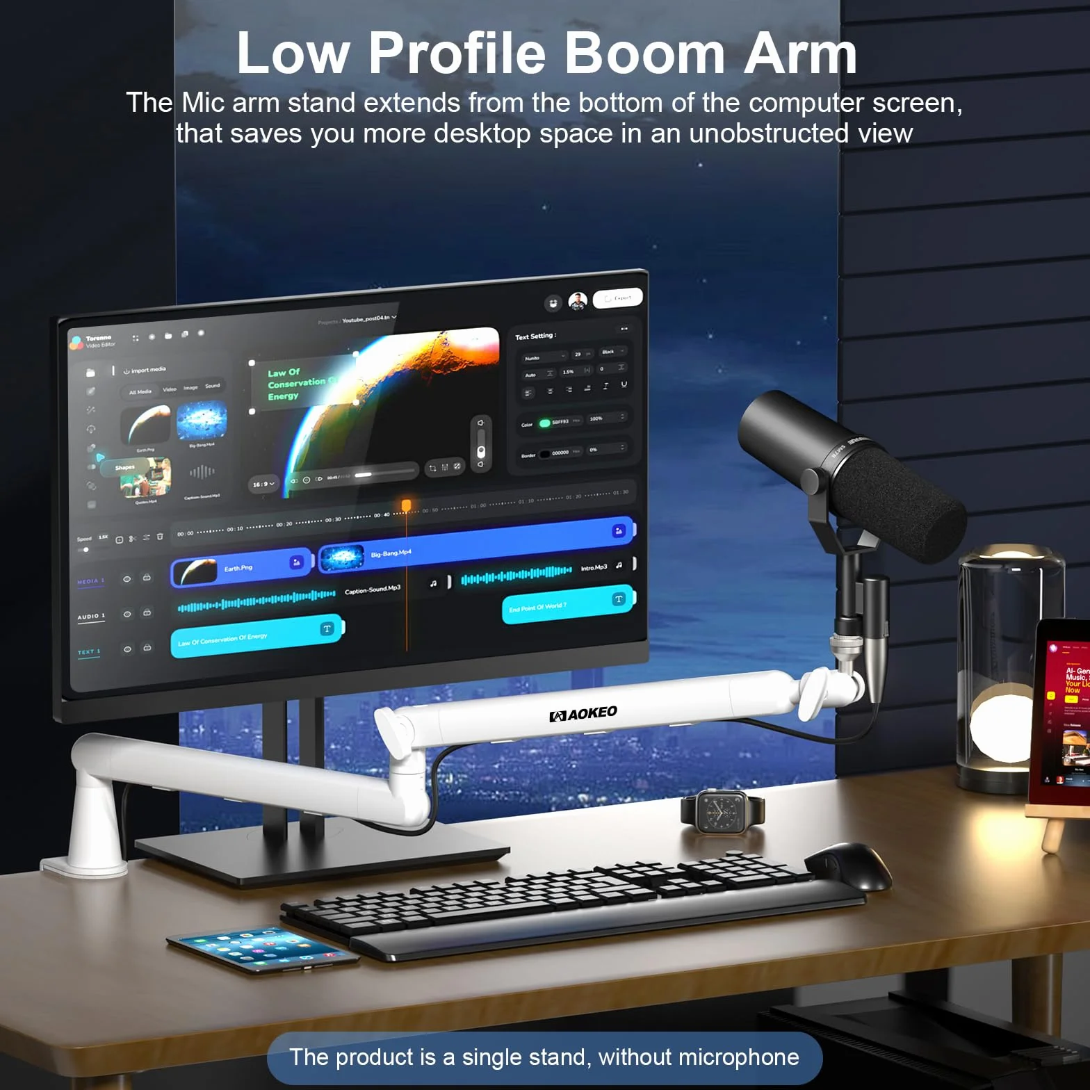Ramię mikrofonowe, Aokeo AK-55 biurko niskoprofilowy regulowany stojak na ramię mikrofonowe, odpowiedni do Blue Yeti, Snowball iCE, HyperX QuadCast, SoloCast, Elgato Wave itp，biały
