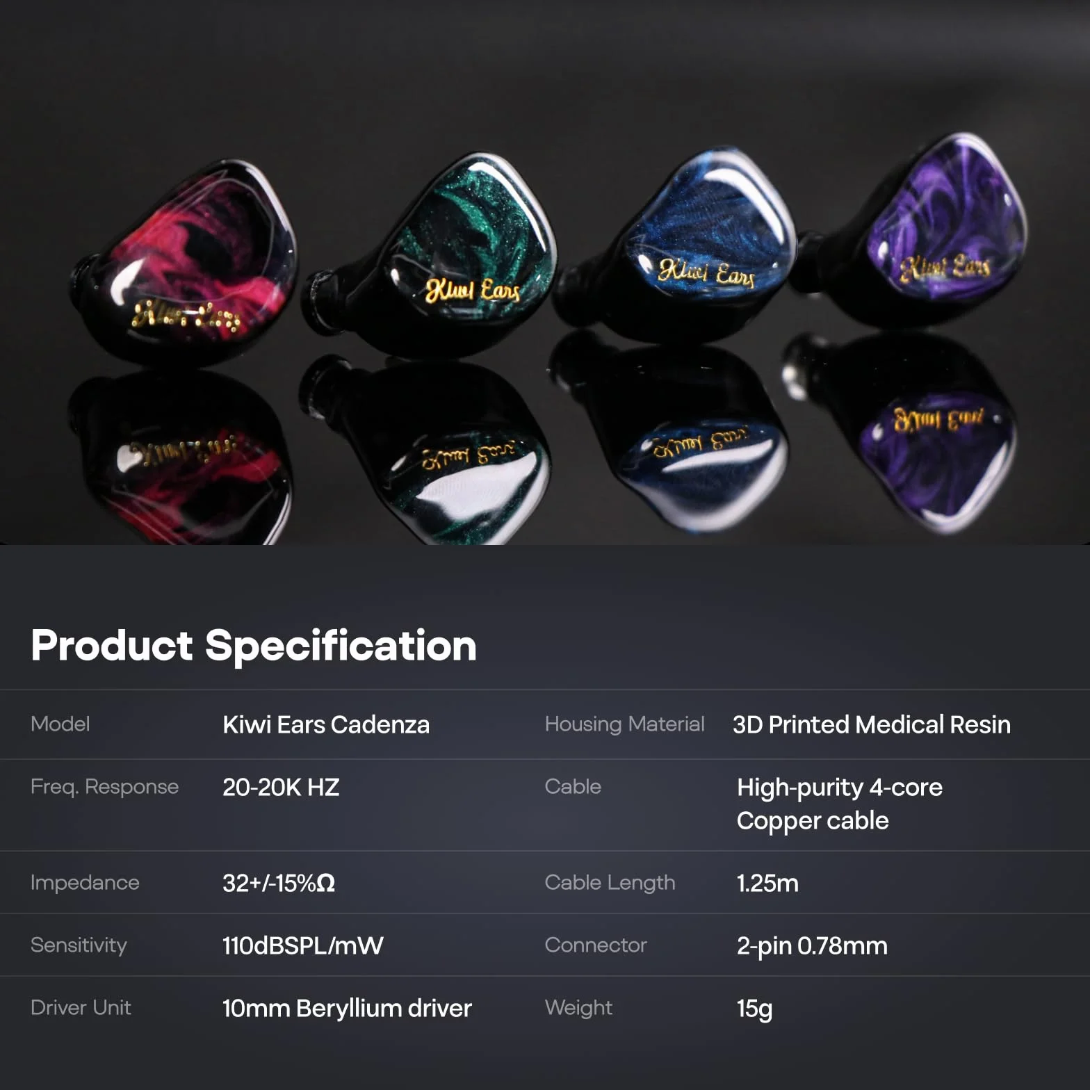 Linsoul Kiwi Ears Cadenza 10 mm berylowy przetwornik dynamiczny IEM drukowany w 3D z odłączaną wymienną wtyczką 0,78 2-pinowym kablem IEM 3,5 mm dla muzyków i audiofilów(Zielony)