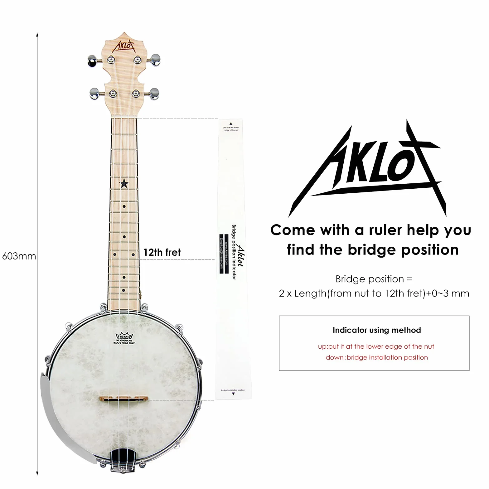 AKLOT Banjo Ukulele Koncert 58.4 cm Remo Drumhead Open Back Maple Body Gig Bag Tuner String Strap Picks
