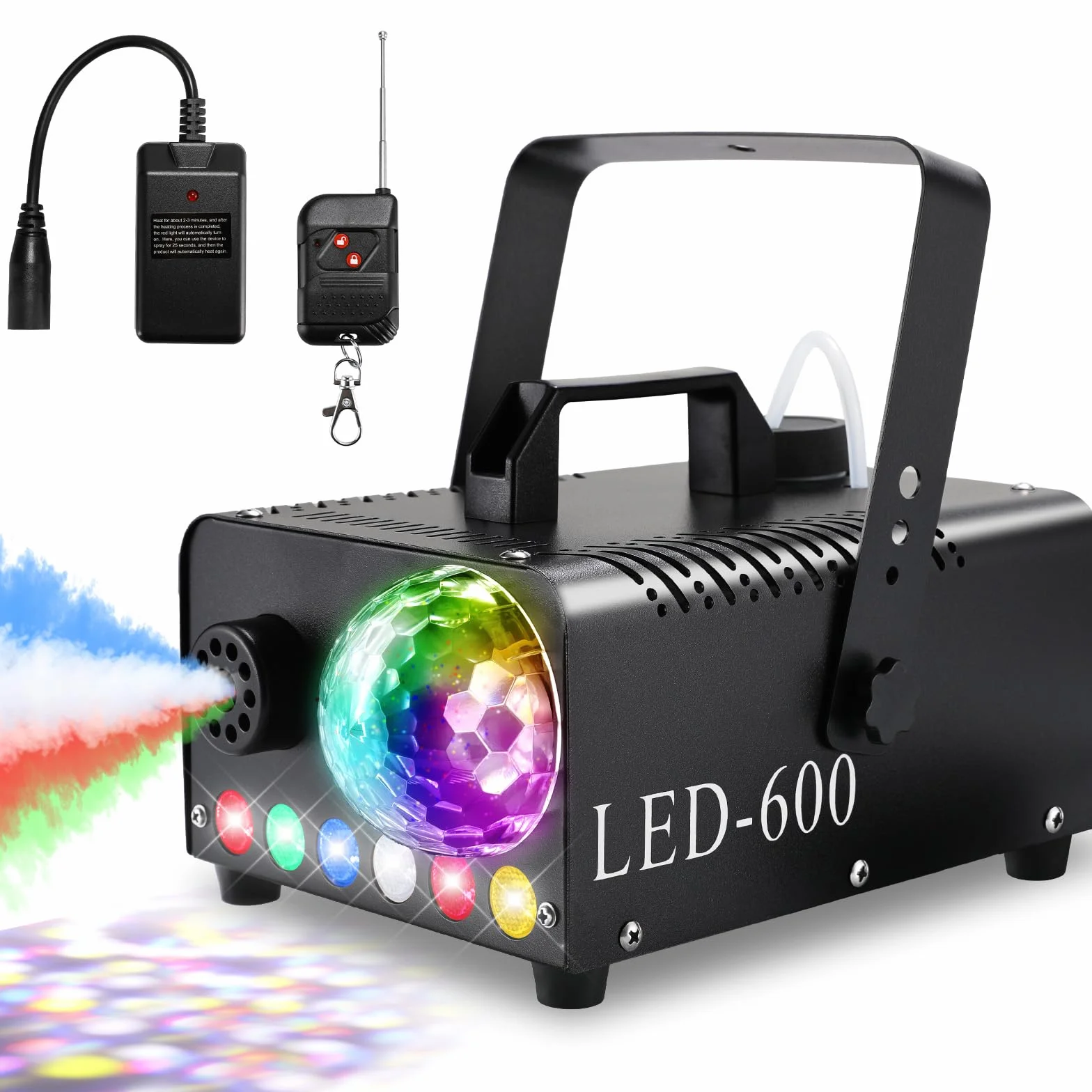 Maszyna do Wytwarzania Mgły z Kulą Dyskotekową, 6 Diod LED RGB, 600 W 5000 CFM Fog Machine, Mini Maszyna do Palenia z Funkcją Automatycznego Rozpylania, Wytwornica Dymu, na Halloween i Boże Narodzenie