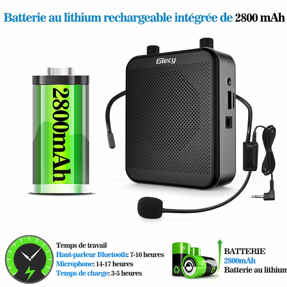 Przenośny wzmacniacz głosowy z mikrofonem Zestaw słuchawkowy 30 W, akumulator 2800 mAh, potężny system nagłośnienia dla nauczycieli, przewodników, trenerów, prezenterów