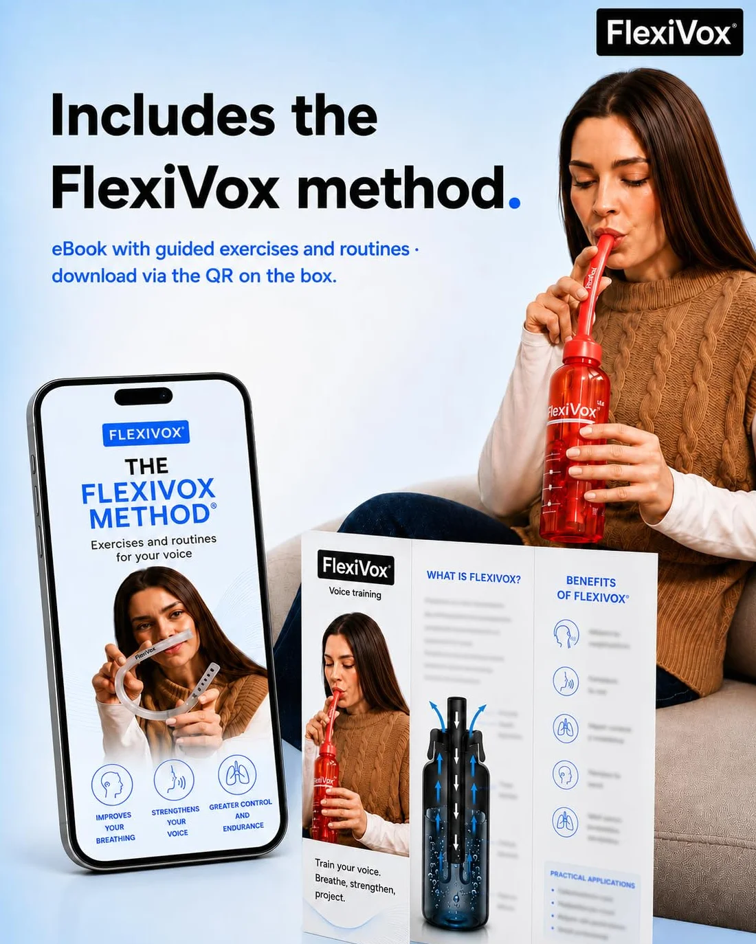 FlexiVox®, zestaw do ćwiczeń głosu | Stosowany w logopedii i terapii głosu z aseptyczną talkiem + Butelka z miarką + Szczotka + Torba + eBook + Korek regulacyjny