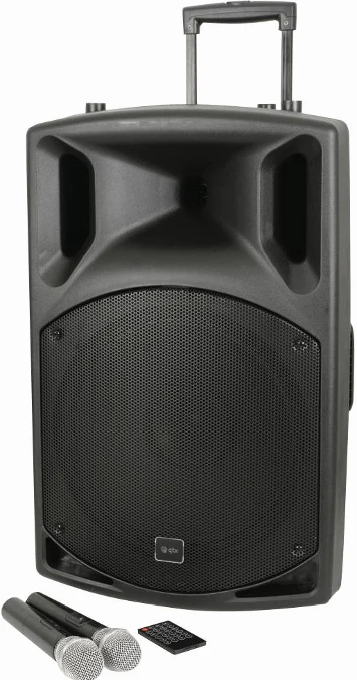 Przenośny 12-calowy Pa z 2 x mikrofonami, typ wtyczki UK, asortyment produktów QTX QX+ Active Speaker Series, kolor czarny, głębokość zewnętrzna 345 mm, długość/wysokość zewnętrzna 565 mm, szerokość