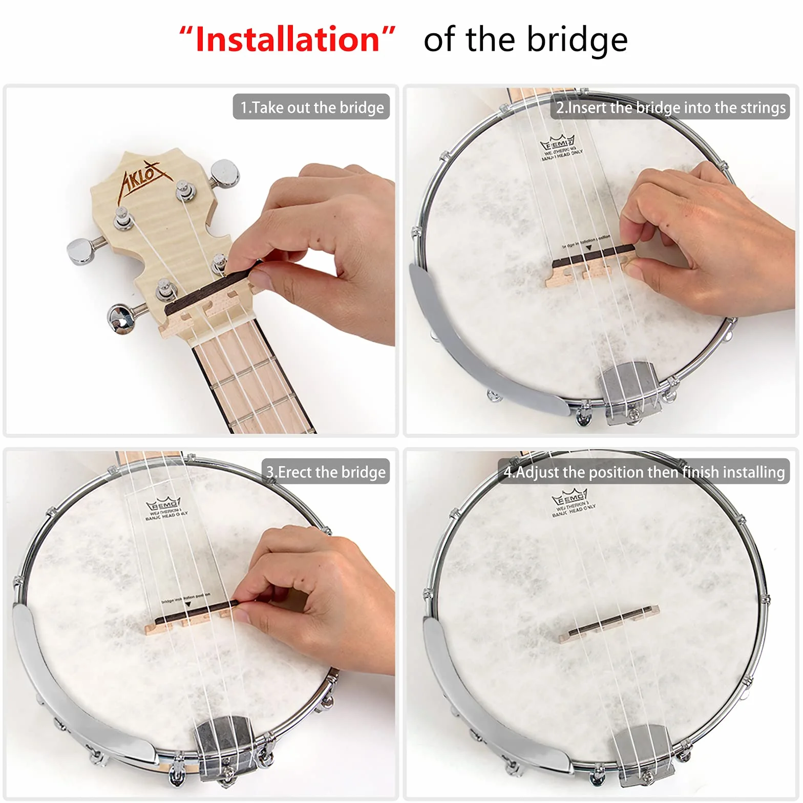 AKLOT Banjo Ukulele Koncert 58.4 cm Remo Drumhead Open Back Maple Body Gig Bag Tuner String Strap Picks