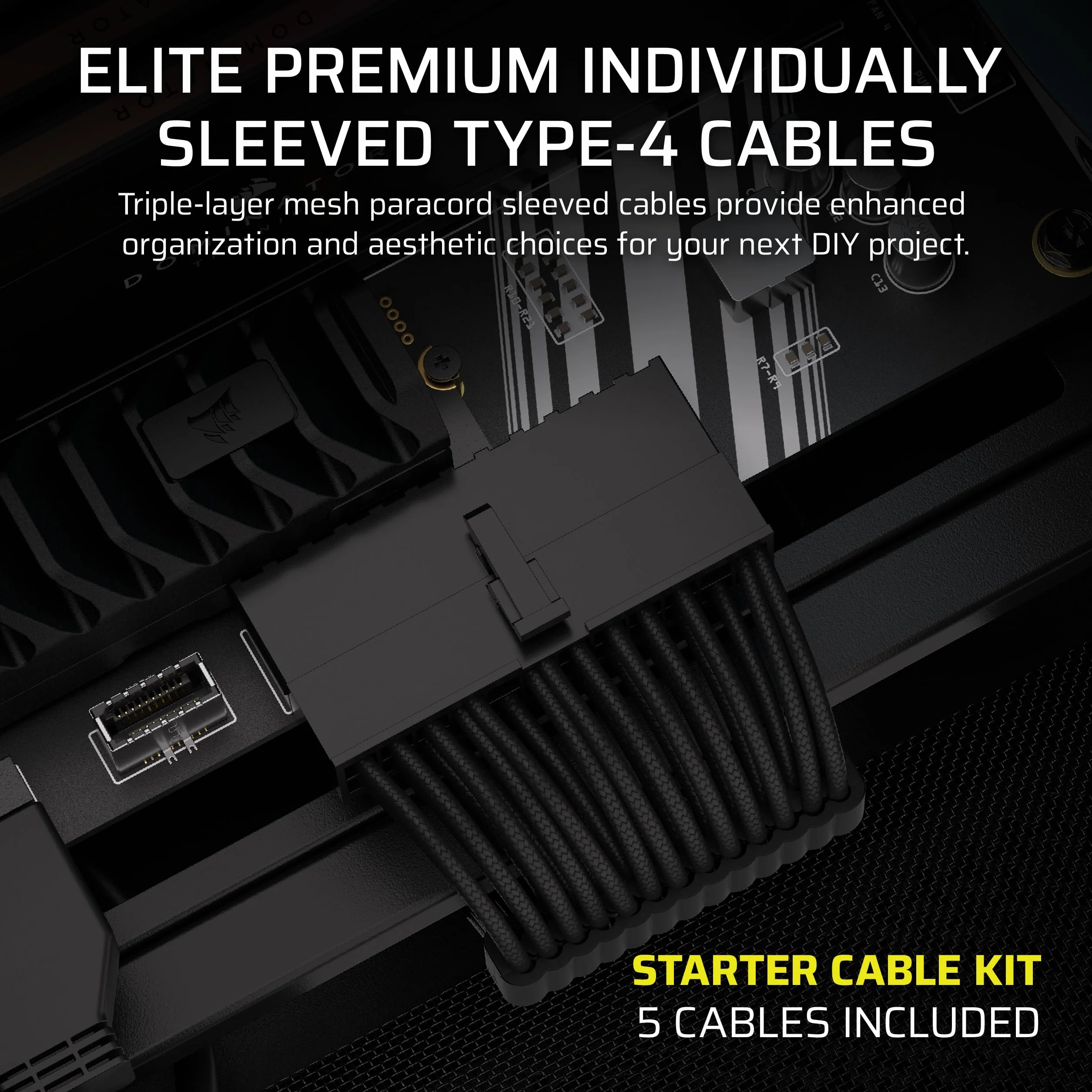 CORSAIR Elite Premium zestaw startowy z pojedynczym płaszczem zasilającym typu 4 – płaskie grzebienie do kabli, trójwarstwowy paracord z siateczki, kompatybilny ze wszystkimi zasilaczami Corsair z