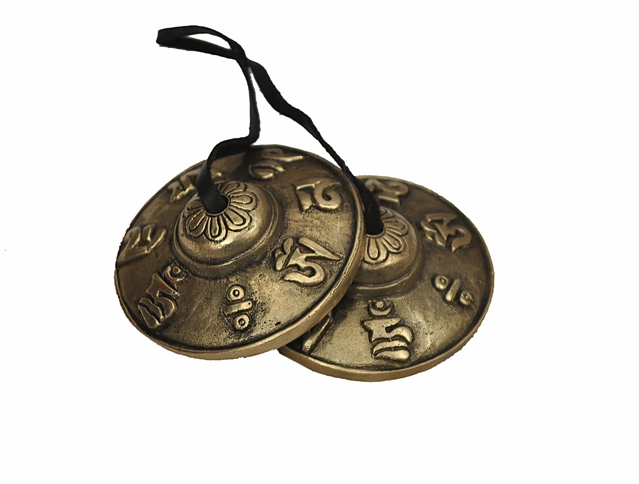 Dharma Store - Tybetańskie talerze Tingsha - 6,2 cm - OM Mane Padme Hum symbole wytłaczane