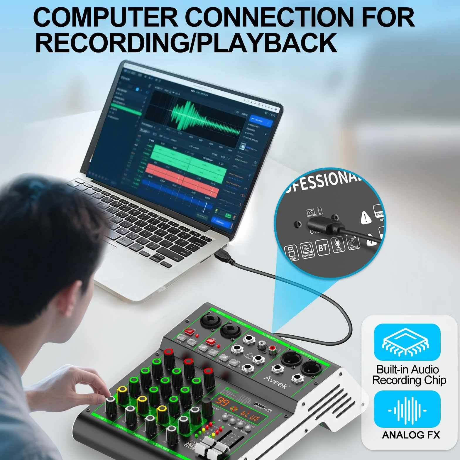 Aveek Mikser audio, profesjonalny mikser z pamięcią USB/Bluetooth/komputerem/4-kanałowym wejściem stereo mikser DJ, 48 V Phantom Digital 99 DSP do nagrywania na komputerze, karaoke, studio