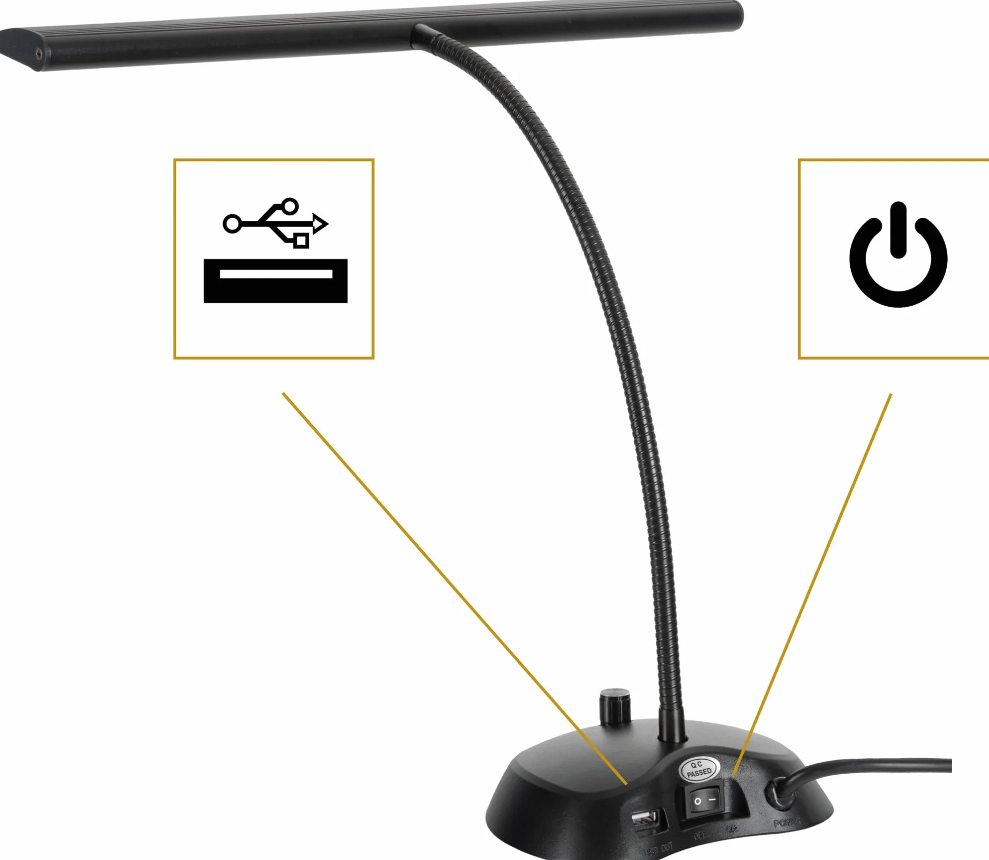 Classic Cantabile 12220 przyciemniana lampa fortepianowa, biała, 36 jasnych diod LED, długość 38 cm, zintegrowane złącze ładowania USB do smartfona lub tabletu, kolor czarny